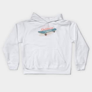 Skateboarding retro emblem with a gray blue skateboard Kids Hoodie